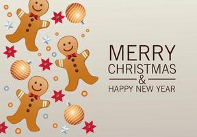 cartão de letras de feliz natal feliz com biscoitos e bolas vetor