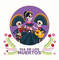 cartão comemorativo do dia de los muertos com grupo de esqueletos e flores vetor