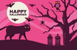 cartão de feliz festa de halloween com gato e morcegos na cena do cemitério vetor