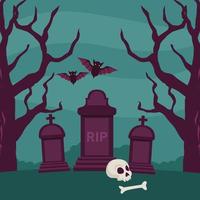 cartão de feliz festa de halloween com caveira e morcegos na cena do cemitério vetor
