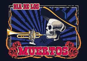 pôster do dia de los muertos com o crânio de mariachi tocando trompete vetor