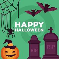 cartão de celebração de feliz dia das bruxas com abóbora e morcegos vetor