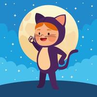 menina bonitinha vestida como um gato e personagem da noite da lua vetor