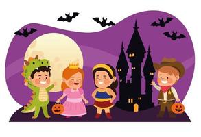 crianças fofas vestidas como personagens diferentes com morcegos na cena noturna do castelo vetor