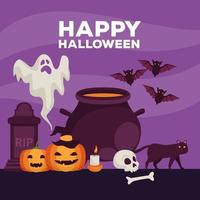 cartão de feliz festa de halloween com caldeirão e fantasma vetor