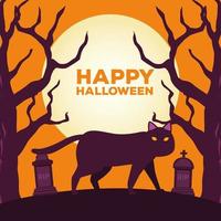 cartão comemorativo de feliz dia das bruxas com gato na cena do cemitério vetor