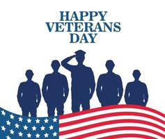 feliz celebração do dia dos veteranos com oficial militar e soldados saudando e bandeira vetor