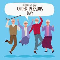 letras internacionais do dia para pessoas idosas com pessoas idosas pulando e balão de fala vetor