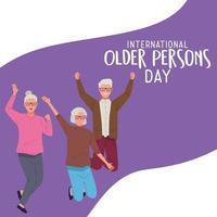 letras do dia internacional de pessoas idosas com pessoas idosas pulando comemorando vetor