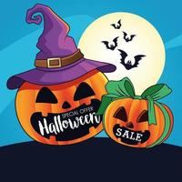 Cartaz sazonal de venda de halloween com abóboras usando chapéu de bruxa e morcegos voando vetor