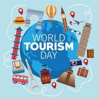 celebração da rotulação do dia mundial do turismo com o planeta Terra e conjunto de ícones vetor