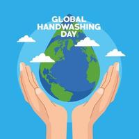 campanha global do dia da lavagem das mãos com as mãos protegendo o planeta Terra em gota d'água vetor