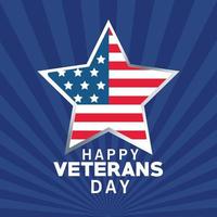 letras do feliz dia dos veteranos com a bandeira dos EUA em um fundo de estrela azul vetor