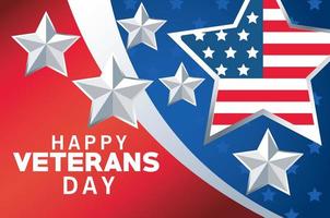 feliz dia dos veteranos letras com a bandeira dos EUA em estrela e cores de fundo vetor