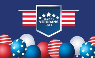 feliz dia dos veteranos letras com a bandeira dos EUA no escudo e balões de hélio vetor