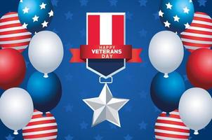 feliz dia dos veteranos letras com a medalha da bandeira dos EUA e balões de hélio vetor