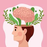perfil do homem do dia da saúde mental e cérebro com folhas vetor