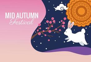 celebração do festival do meio do outono com coelho e letras vetor