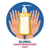 campanha global do dia da lavagem das mãos com as mãos usando saboneteira vetor