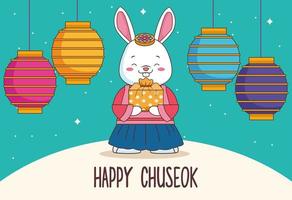 feliz celebração chuseok com coelho levantando presente e lâmpadas penduradas vetor