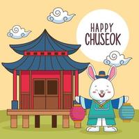 celebração chuseok feliz com edifício chinês e coelho vetor