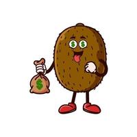 personagem fofinho de kiwi com olhos de dinheiro e segurando uma bolsa de dinheiro vetor