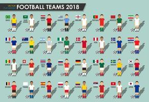 equipes da copa de futebol 2018 conjunto de jogadores de futebol com uniforme de camisa e vetor de bandeiras nacionais para torneio do campeonato mundial internacional