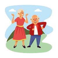 casal de idosos dançando no acampamento personagens idosos ativos vetor