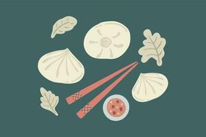 chinês dumplings mão desenhado ícones conjunto vetor