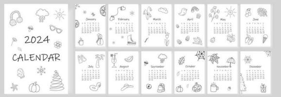 2024 calendário Projeto. rabisco calendário planejador mínimo estilo, anual organizador. vetor ilustração