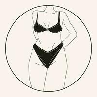 Preto e branco mulher dentro bikini . de praia roupa de baixo. amor e aceitar qualquer corpo tipo. saudável corpo, corpo positivo, gordo aceitação movimento, estilo de vida e moda conceito. mão desenhado vetor ilustração