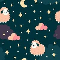 desatado padronizar com Rosa desenho animado ovelha, nuvens, estrelas e lua em uma Sombrio fundo vetor
