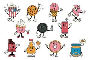 groovy personagem conjunto com doces. fofa retro mascote. desenho animado isolado vetor ilustração.