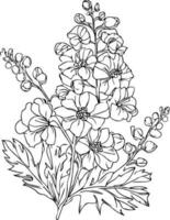 flores coloração Páginas, e livro, vetor esboço do amor-perfeito flores, lápis delfínio desenho, Julho nascimento flor Larkspur desenho, minimalista Julho nascimento flor Larkspur tatuagem, Larkspur Julho