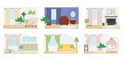 contemporâneo casa decoração plano cor vetor ilustração definir. vivo quarto e casa escritório