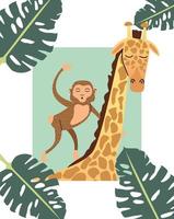 macaco e girafa animal selvagem com folhas vetor