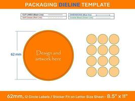 12 unidades 62 milímetros círculo etiquetas adesivo dieline modelo vetor