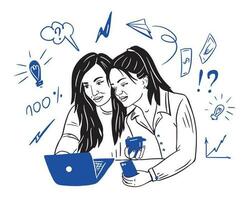 dois meninas tendo o negócio Ideias dentro frente do laptop.conjunto do o negócio itens.negócios conceito.vetor ilustração. vetor