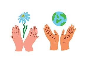 ecologia símbolos - terra e flor dentro mãos.feliz terra dia.mãos segurando globo, terra. terra dia conceito. moderno plano estilo ilustração vetor