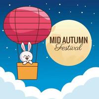 cartão comemorativo do meio do outono com coelhinho no balão de ar quente vetor
