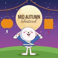 cartão de celebração do meio do outono com coelhinho e lua vetor
