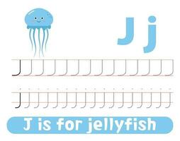 rastreamento alfabeto carta j com fofa medusa. planilha para crianças. vetor