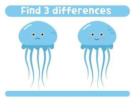 encontrar três diferenças fofa desenho animado medusa planilha para crianças vetor