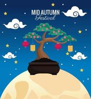 cartão de celebração do meio do outono com bonito bonsai em cena de lua cheia vetor