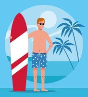 homem vestindo roupa de praia em personagem de prancha de surf vetor