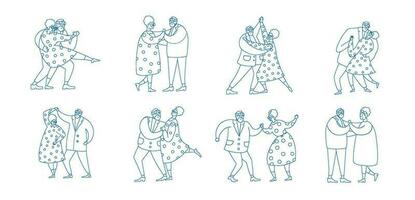 conjunto do contorno Senior casal personagens dançando valsa ou tango. idosos pessoas ativo estilo de vida, velho elegante homem e mulher dentro amor ou amigo relações gastar tempo. linear vetor ilustração