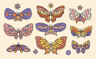 groovy borboleta, margarida flor definir. hippie anos 60 Anos 70 contorno elementos. floral romântico adesivos dentro na moda psicodélico retro estilo linear mão desenhado vetor ilustração.