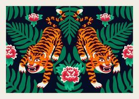 tigre poster, vetor tigres, e Palma folhas e flores dentro desenho animado ásia estilo. orgânico plano estilo vetor ilustração