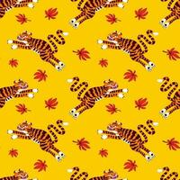 tigre desatado padrão, vetor animal impressão com fofa tigres, e japonês bordo folhas. orgânico plano estilo vetor ilustração.