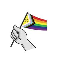 mão segurando lgbt arco Iris bandeira. desenho animado braço rabisco segurando orgulho símbolo. gênero diversidade representação. vetor